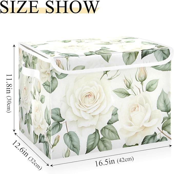 Flower Baskets Collapsible Storage Bins with Lids, White Rose Flower Storage Boxes Clothes Baskets for Organizing
