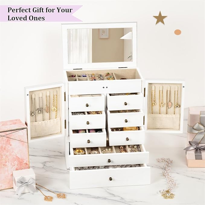 Emfogo Jewelry Box for Women Wooden Jewelry Boxes & Organizers 5-Layer Rustic Large Jewelry Organizer Box with Mirror & 8 Drawers for Rings Earrings Necklaces Bracelets Women Girls Gifts