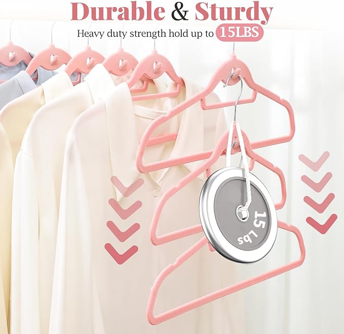 UEAKPIC Velvet Felt Stackable Hangers 50 Pack, Non Slip, with 360°Swivel Hook, Ultra Thin and Space Saving for Suits, Shirts, Coats, 15Lbs Capacity Heavy Duty, Pink