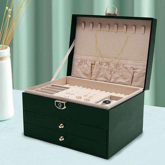 Jewelry Case 3 Layers Jewelry Organizer,Watch Box Earring Storage Box,Necklaces Holder Rings Organizer with Pull-Out Drawer,Lock,Green (Green)