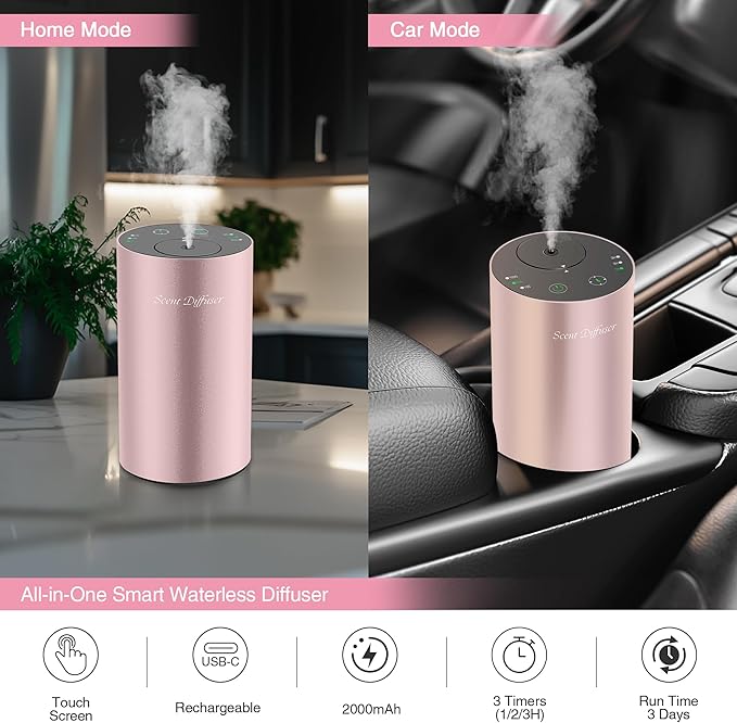 Waterless Essential Oil Diffuser Starter Kit - No Water Needed, Battery Operated Mini Scent Air Machine, Included 3x20ML Essential Oils, Portable Aromatherapy Diffuser for Home & Car & Office, Pink
