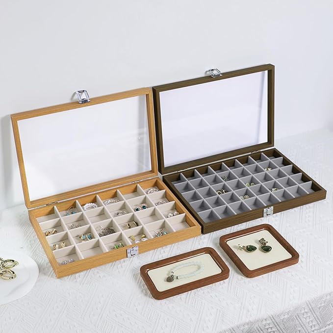 Stratalife Jewelry Organizer Wooden Jewelry Box Jewelry Display Case Jewelry Tray with Glass Lid Earring Holder Organizer Bracelet Ring Organizer 24 Grid Jewelry Tray Vintage Gift for Women