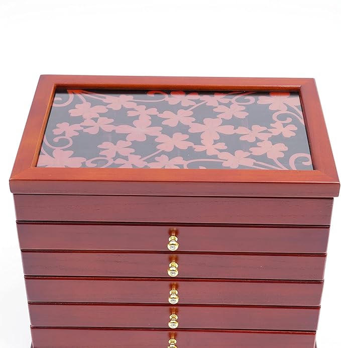 Eapmic Extra Large Four-Leaf Carved 6 Layers Wooden Jewelry Box Jewelry Case Cabinet Armoire Ring Necklacel Gift Storage Box Organizer (Brown)