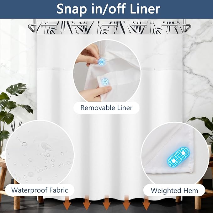 Dark Blue Bamboo Leaves Shower Curtain with Snap in Liner Set, Modern Boho Plant Aesthetic Design Bathroom Decorative Curtains, Waterproof Double Layers Fabric No Hook Shower Curtain, 71x74 inch