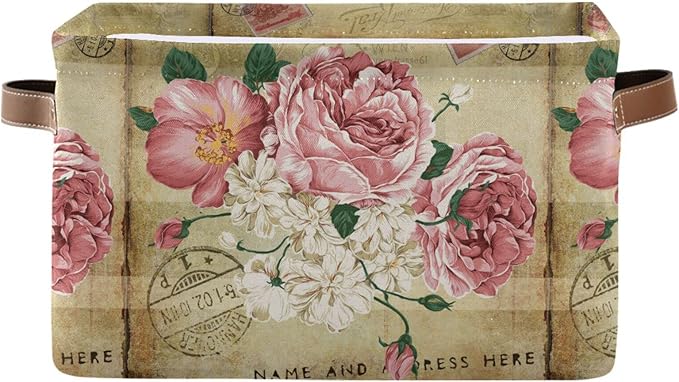 ALAZA Vintage Shabby Chic Rose Floral Foldable Storage Box Storage Basket Organizer Bins with Handles for Shelf Closet Living Room Bedroom Home Office 2 Pack