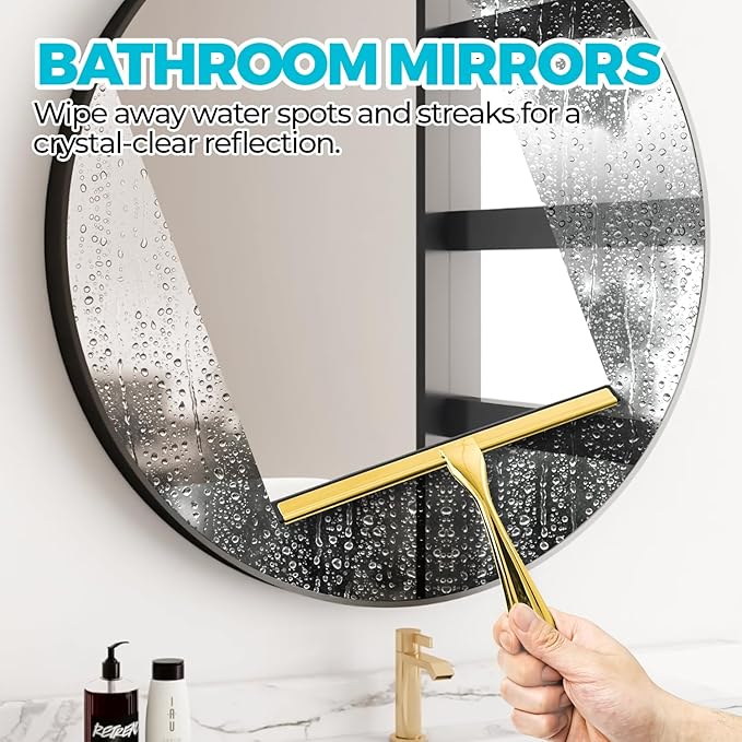 ALFLOD 10-Inch Golden All-Purpose Shower Squeegee for Shower Doors, Tile Shower Walls, Bathroom, Window, Glass and Car Windshield, Mirrors and Kitchen-Stainless Steel