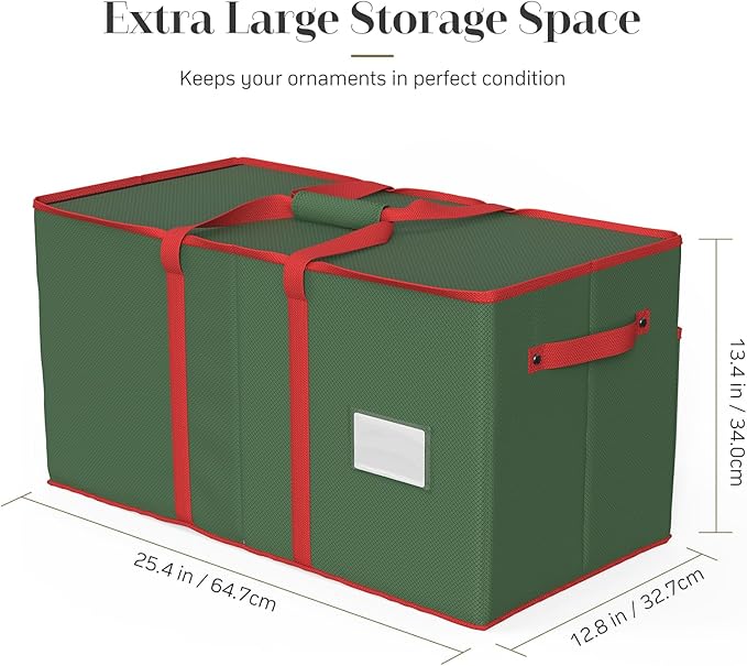 Christmas Ornament Storage Box with 8 Trays, Christmas Storage Container for 128-3'' Holiday Ornament Decorations, Large Xmas Organizer with Adjustable Dividers, Dual Zipper and Pocket (Green)