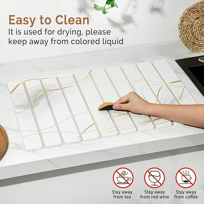 Large Stone Dish Drying Mat for Kitchen Counter, 2PCS 24"×16" & 8“x4" Quick Dry Stone Dishes Mats, Marbled Water Absorbing Diatomaceous Earth Drying Pad for Countertop Bottles Utensils Cups,White Gold