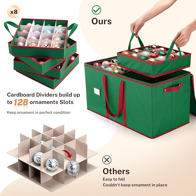 MaidMAX Christmas Ornament Storage Box Holiday Decoration Organizer, 128 Christmas Ball Accessories Holder with Adjustable Dividers, 8 Removable Trays, 600D Oxford, Zippered Closure (Green)
