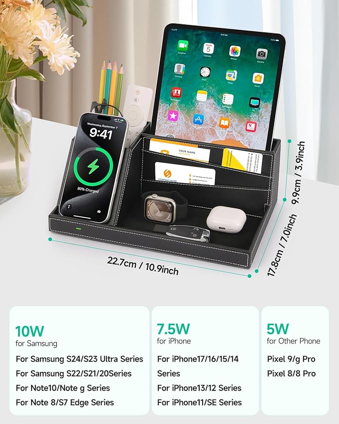 Valet Tray, Built in Wireless Charging Pad, Nightstand Organizer, Dresser Organizer, Mens Jewelry Box, Valet Charging Station, Faux Leather Valet Tray for Men and Women (Black+Wireless)
