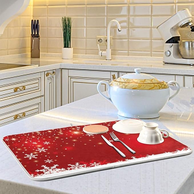 Christmas White Snowflake On Red Background Dish Drying Mat 18x24inch Dish Drainer Kitchen Counter Mats Bottles Dish Dry Pad Protector for Kitchen Countertops