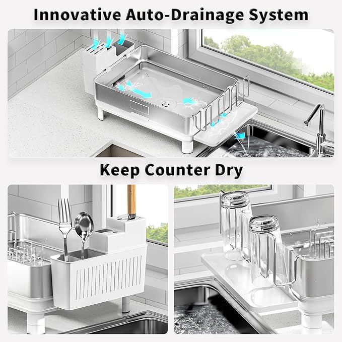 Ewaiira Dish Drying Rack, 304 Stainless Steel Dish Racks for Kitchen Counter, Dish Drainers with Automatic Drainage, Utensil Holder & Cups Holder, Space Saving Kitchen Organizer, White