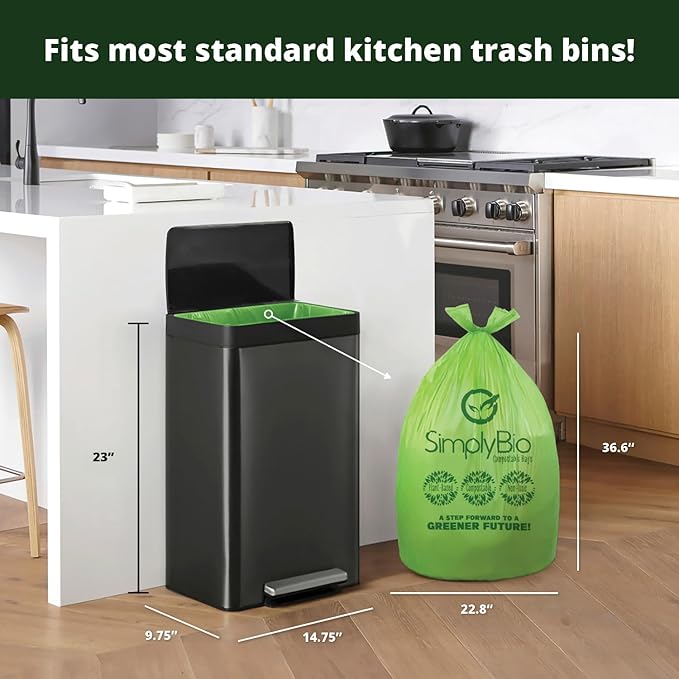 Simply Bio 13 Gallon Compostable Trash Bags Liners with Handle-Tie, Thick 0.87 Mil, 49.21 Liter, 30 Bags, Tall Kitchen Food Scrap Waste Bag, ASTM D6400, US BPI and OK Compost Home Certified