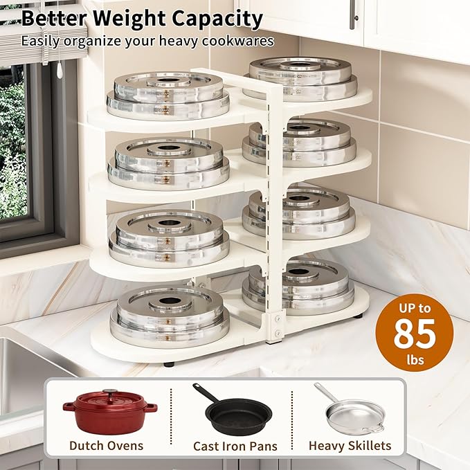 Fovkdcvw Adjustable Heavy Duty Pots and Pans Organizer Under Cabinet, 8-Tier Pot and Pan Organizers Inside Cabinet, Kitchen Cabinet Organizers and Storage, White
