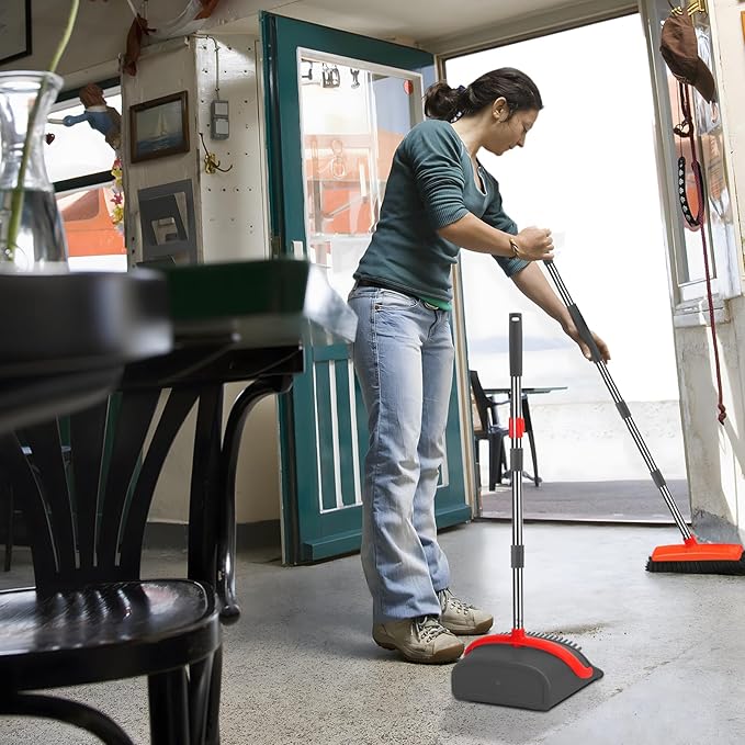 YZO Broom and Dustpan Set, 50.6-Inch Long Handle Standing Design, Dustpan Front Rubber Tight Seal, Broom with 5-Layer Bristles, Suitable for Living Room, Bedroom, Yard, Office and Apartment(Gray&Red)