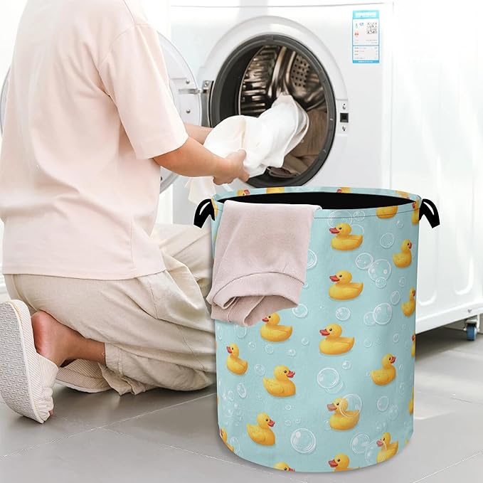 Cute Duck Laundry Basket,Foldable with Handles Tote Bag Oxford Cloth for Bathroom Bedroom Dirty Clothes Storage Bucket 16" x 20.8"