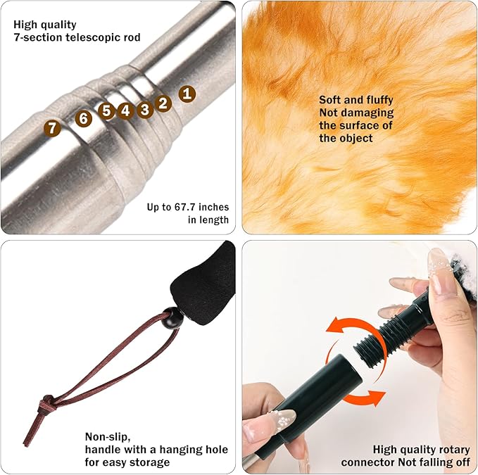 FeelfunFeather Lambswool Extendable Duster,67.7Inch Telescoping Feather Dusters with Stainless Steel Extension Pole for Cleaning High Ceiling Fan, High Ceilings,Furniture
