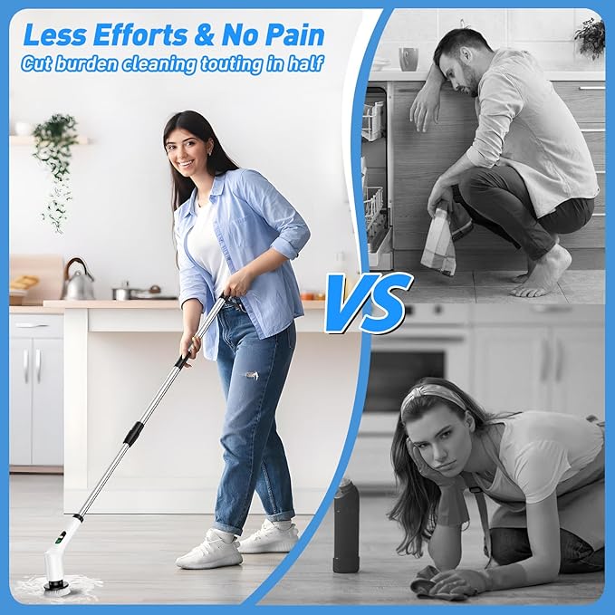 CVRUAY Electric Spin Scrubber, Cordless Shower Cleaning Scrubber with 9 Brush Heads, 2 Speed with Adjustable Extension Handle, Waterproof Bathroom Scrubber with LCD Display for Bathtub Kitchen Wall