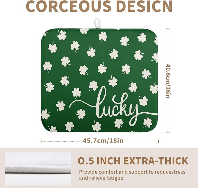 Wnoesat St Patrick Shamrock Drying Mat for Kitchen Counter Green White Lucky Clover Drying Dish Mat St Patricks Day Absorbent Microfiber Dish Drying Pad Reusable Dry Mat 16 x 18 Inch