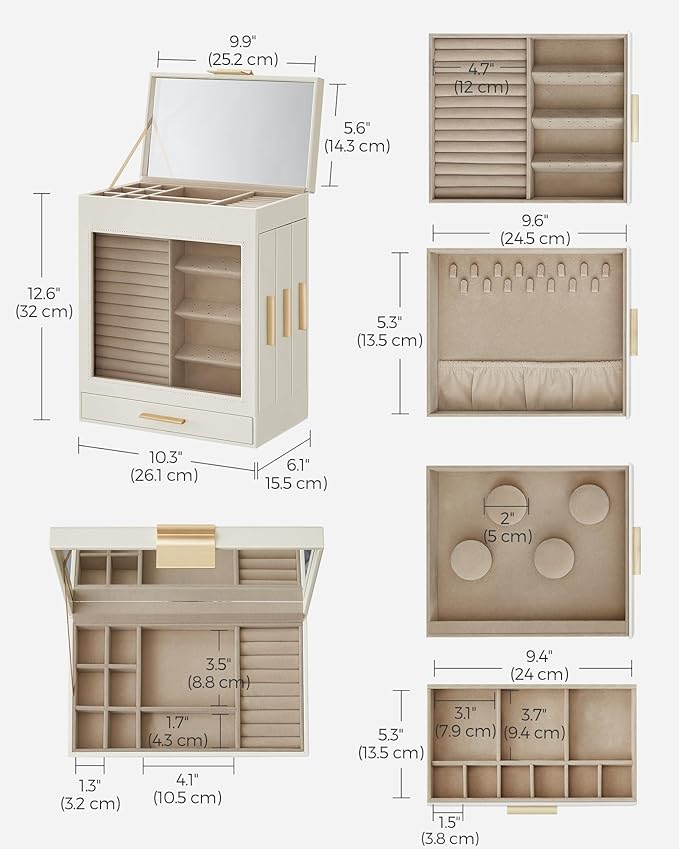 SONGMICS Jewelry Box with Glass Window, 5-Layer Jewelry Organizer with 3 Side Drawers, Jewelry Storage, with Big Mirror, Modern, 6.1 x 10.3 x 12.6 Inches, Cloud White and Metallic Gold UJBC162W01