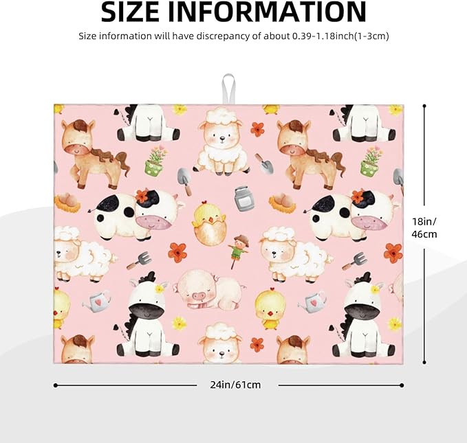 Pink Farm Animal Dish Drying Mat for Kitchen Counter Cute Kitchen Mat Microfiber Kitchen Countertop Absorbent Reversible Drainer Rack Pad Dish Drying Mat 18 x 24 Inch