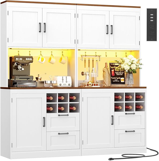 Unikito 72" Tall Pantry Cabinet, Kitchen Pantry Storage Cabinet with LED Light & Outlet, 63" Wide Kitchen Hutch Bar with Microwave Stand, Drawers, Wine Rack & Shelves, Cupboard for Dining Room, White