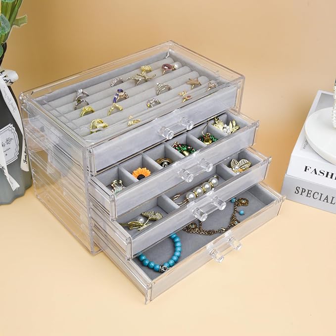 Weiai Acrylic Jewelry Organizer, Clear Jewelry Box with 4 Drawers, Jewelry Case Storage for Women (Gray)