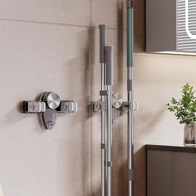 Adjustable Suction Cup Broom Holder & Mop Hanger No Drill Wall Mount Rack for Bathroom, Kitchen, Garage Storage Space-Saving Removable Organizer for Tools & Household Accessories