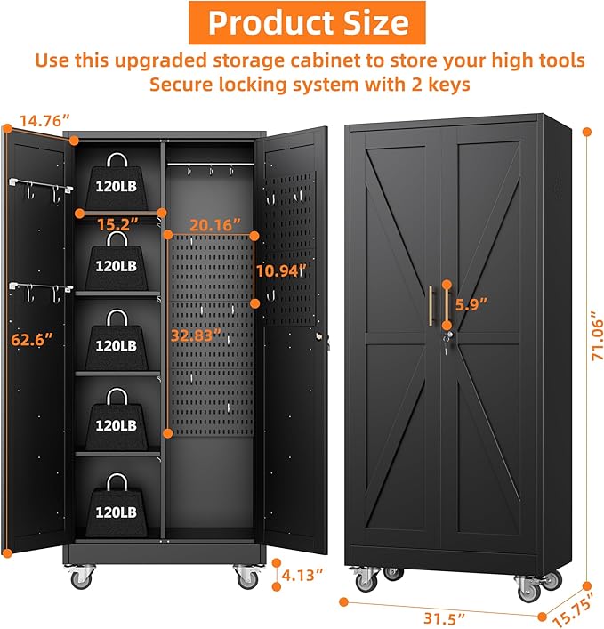 Aobabo Broom Closet Storage Cabinet with 4 Shelves, Garage Storage Cabinet with Wheels for Garage Home, Black, Assembly Required