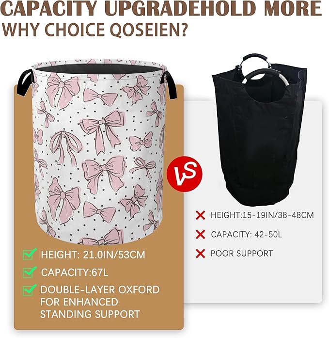 Pink Bow Collapsible Laundry Baskets,Black Dots Laundry Hamper,Storage Basket with Handles for Bathroom Bedroom College Dormitory Living Room Nursery Organizer 16"x20"