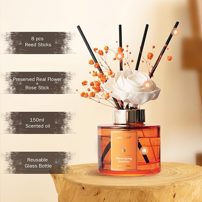 Airkeep Flower Reed Diffusers Set, 5.07 oz Freesia/Passion Fruit/Orange Scented Oil Diffuser with 8 Reed Sticks, Home Fragrance Diffuser Gift Set for Bathroom & Office Decor 150ml
