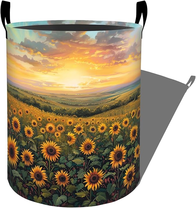 Golden Sunflower Sunset Field Laundry Basket with Handles, 19.7"x15.7" Clothes Foldable Laundry Hamper Organizer for Dorm Nursery Bedroom Bathroom Decor, Toy Storage Bin for Kids