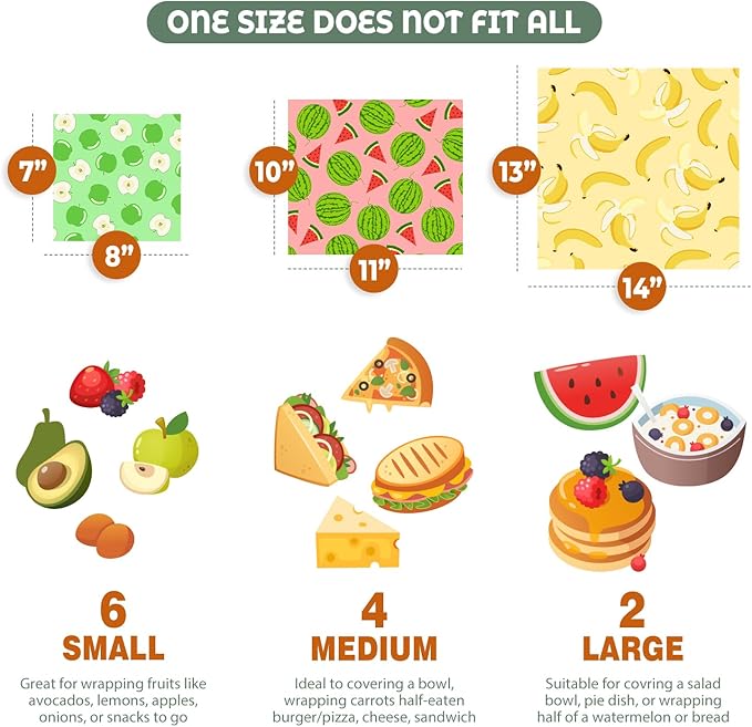 Akeeko Reusable Beeswax Food Wraps - Assorted 12 Pack, Reusable, Plastic-Free Food Storage, Sustainable Gifts, 3 Sizes (6S,4M,2L)
