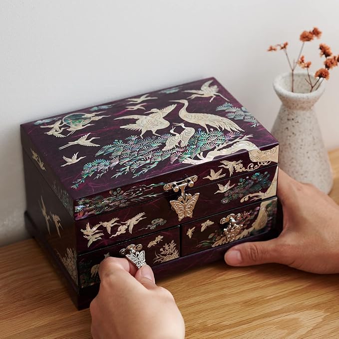 MADDesign Mother of Pearl Lacquered Jewelry Box Two Level Cranes (Purple)