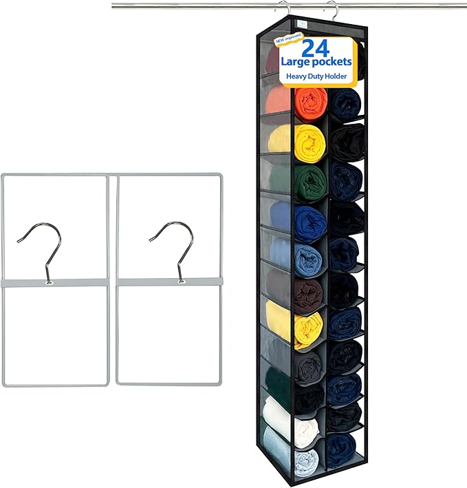 zebricolo,Closet Organization,24 Section, Hanging Closet Organizer, Space Saving, College Dorm Essentials for Girls, Heavy dutys Hooks Up to 45 Pounds, Clothes Storage,Closet Organizer,Grey/Black