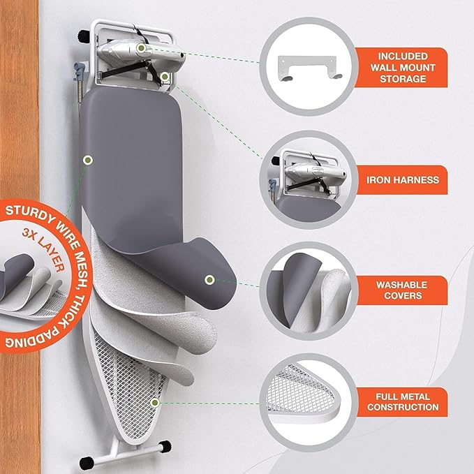 Xabitat Full Size Ironing Board 57" X 13" with Wall Mount Hanger, Full Metal Construction Iron Board, Built in Iron Caddy, Heat & Scorch Resistant Fabric, Cord Holder, Anti-Skid Feet, Heavy Duty