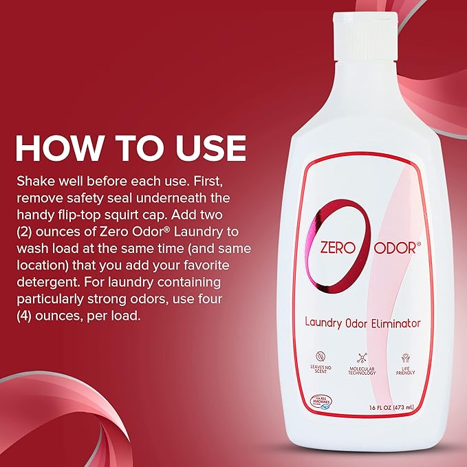 Zero Odor – Laundry Odor Eliminator - Permanently Eliminate laundry Odor – Patented Molecular Technology Best For Clothes, Towels & Linens, Shoes, Bags, Etc. - rinse and refresh Again, 16oz