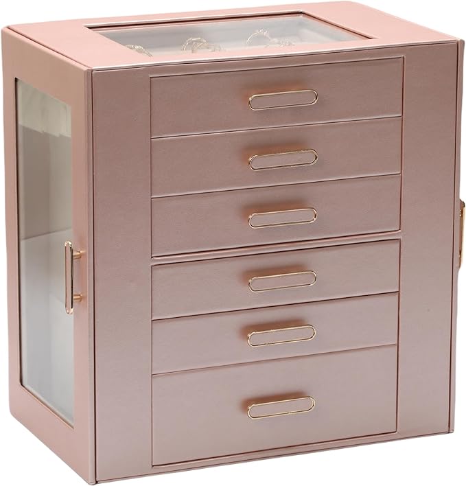 Jewelry Boxes for Women, 6 Layer Jewelry Organizer with Glass Lids, Jewelry Holder Organizer with 5 Drawers and 2 Glass Doors for Jewelry Storage, Big Jewelry Box for Womens Gift (Rose Gold)