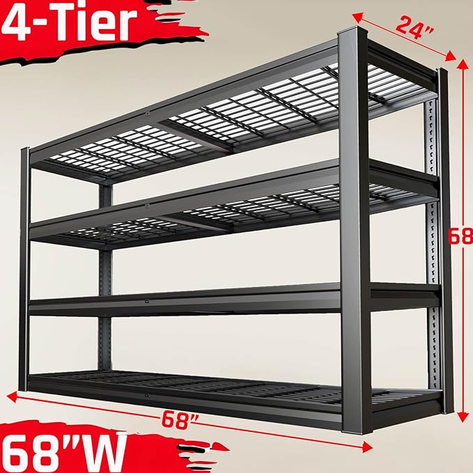 SKZNSA 68" Wide Heavy Duty Garage Shelving Units, 4-Tier Deep Storage Shelves,Black Metal Garage Shelves,Steel Shelf,Large Storage Rack,Industrial Shelving for Shop, 68" W x 24" D x 68" H