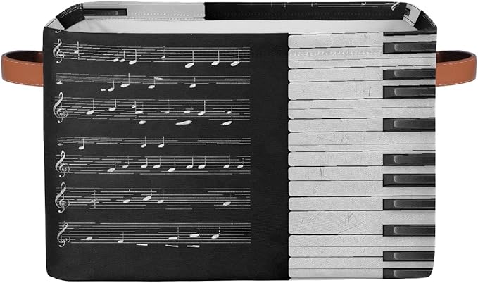 Music Notes Storage Basket for Shelves, Storage Bins with Handles, Collapsible Basket for Organizing, Closet Toy Baskets for Nursery Room, 15x11x9.5 in, Canvas, Music Pinao
