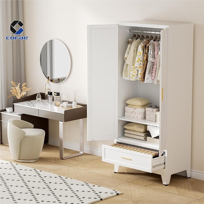 COFaR Metal Wardrobe Closet with Doors, 71'' Tall Farmhouse Bedroom Armoires with Drawer and Hanging Rod, Freestanding Steel Wardrobe Cabinet Coat Closet for Bedroom Home Office, White