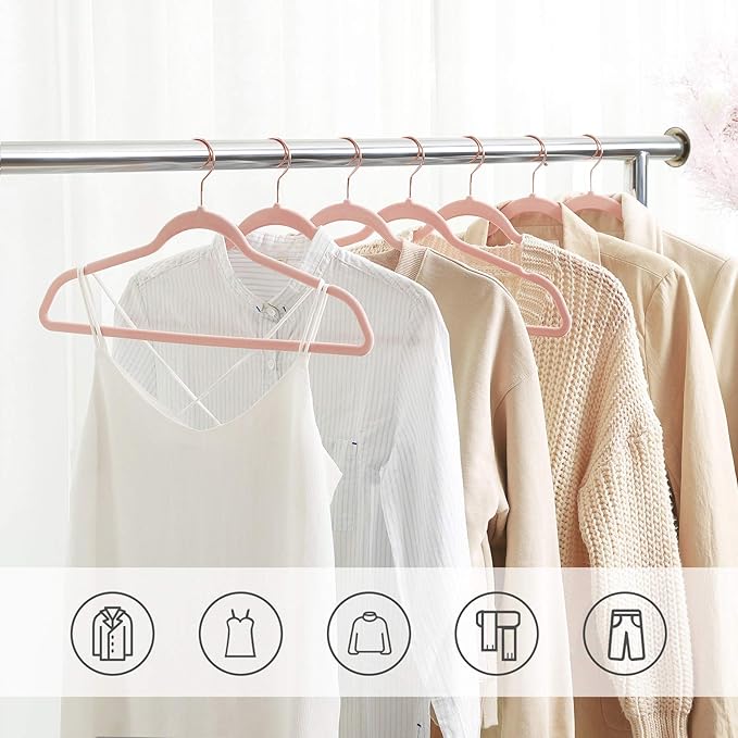 SONGMICS Slim Velvet Hangers, Non-Slip Clothes Hangers with Rose Gold Swivel Hooks, Space-Saving, for Closet, 50 Pack, Pink UCRF026P02