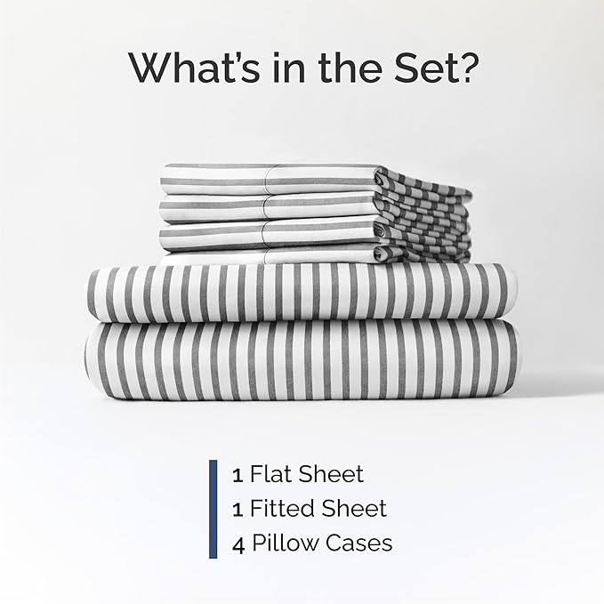 Cal King 6 Piece Sheet Set - Comfy Breathable & Cooling - Soft Hotel Luxury Bedding Set w/ 8-16 Inch Deep Pockets - 1 Flat & 1 Fitted Sheet & 4 Pillowcases - Wrinkle Free & Easy Care - Grey Stripes 2