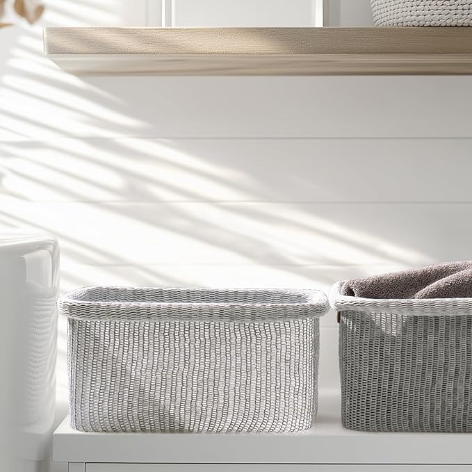 La Jolie Maison Blended Fabric Storage Baskets Set of 2, Rectangle Knitted Baskets for Organizing, Boho Decorative Baskets, Durable Finish, Grey