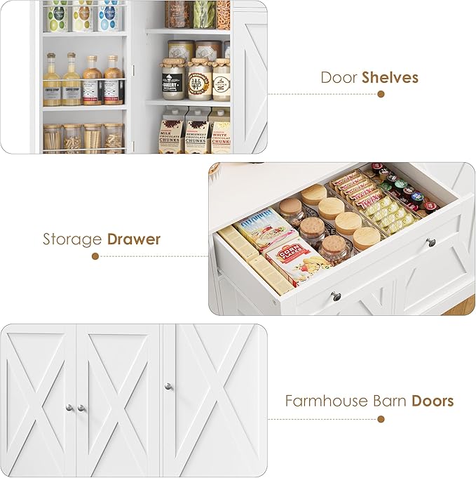 HIFIT 72.8” Tall Kitchen Pantry Cabinet with LED & Charging Station, 55” Wide Farmhouse Pantry Storage Cabinet with Microwave Stand&Shelves&Barn Doors, Kitchen Hutch Coffee Bar for Living Room, White