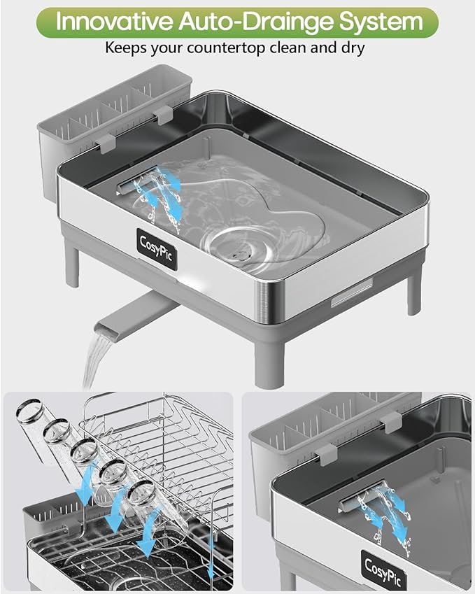 CosyPic 2 Tier Dish Drying Rack, Thicker Premium 304 Stainless Steel Dish Racks for Kitchen Counter, Automatic Drainage Spout, Dish Drainer & Drainboard Set with Utensil Holder and Cup Holder, Grey