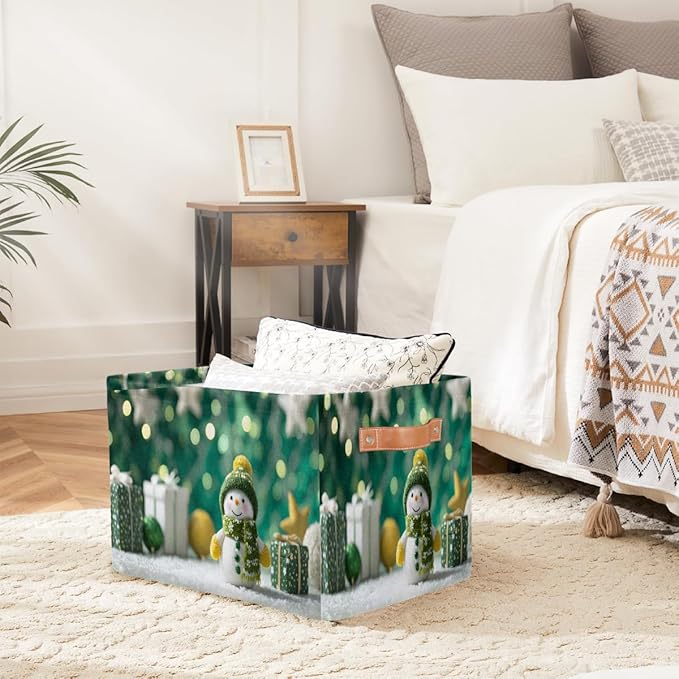 Storage Baskets Bin, Christmas Winter Snowman Collapsible Canvas Fabric Storage Bin Decorative Baskets Toy Organizer Rectangle Storage Boxes with Handles for Home Shelves Nursery, J-013