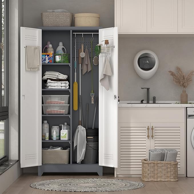 73" H Broom Closet Storage Cabinet, Metal Storage Cabinet with Adjust Shelves,Utility Cabinet,Utility Closet for Garage,Gray-White