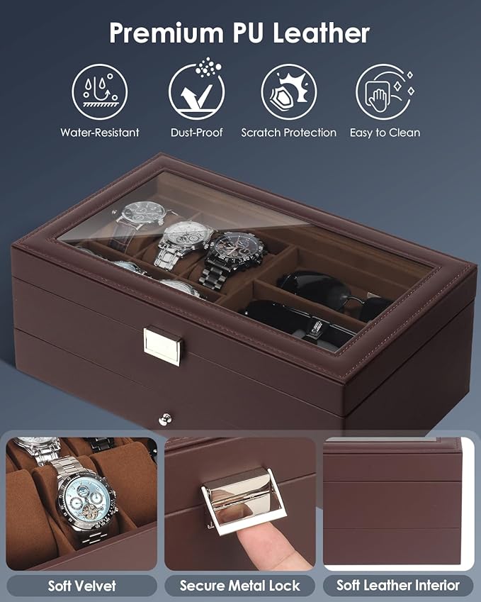 Kukikan Watch Jewelry Box Organizer, 6-Slot 2-Layer Watch Case and Sunglasses Storage with Large Glass Lid, Men's Jewelry Box with Lock, Watch Holder Display Case, Gift for Men Women