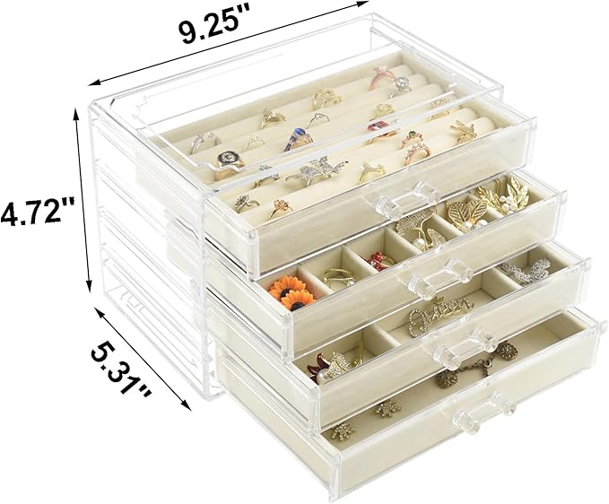 Weiai Acrylic Jewelry Organizer, Clear Jewelry Box with 4 Drawers, Jewelry Case Storage for Women (Beige)